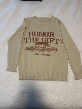 Cream Graphic Crewneck Sweater with Brown Motif
